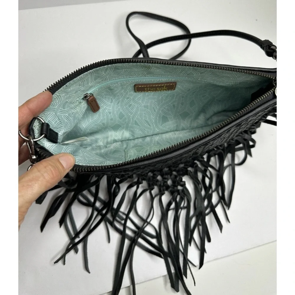 The Sak Filmore Purse Fringe Woven Black Leather Crossbody Clutch - Picture 9 of 16